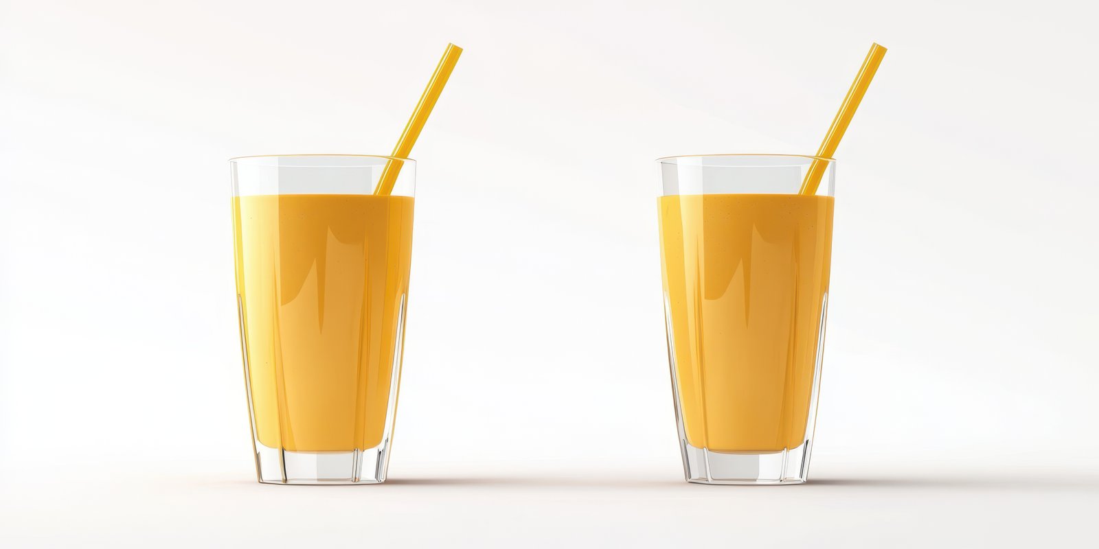 Fresh fruit smoothies served in tall glasses with orange straws on a bright white background